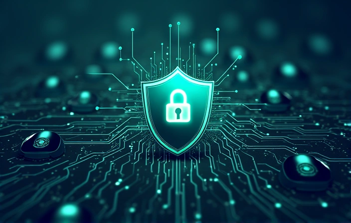 Cyber security shield icon with data streams